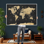 Vintage Blue and Brown World Map Canvas Wall Art | Framed Rustic Map Print
