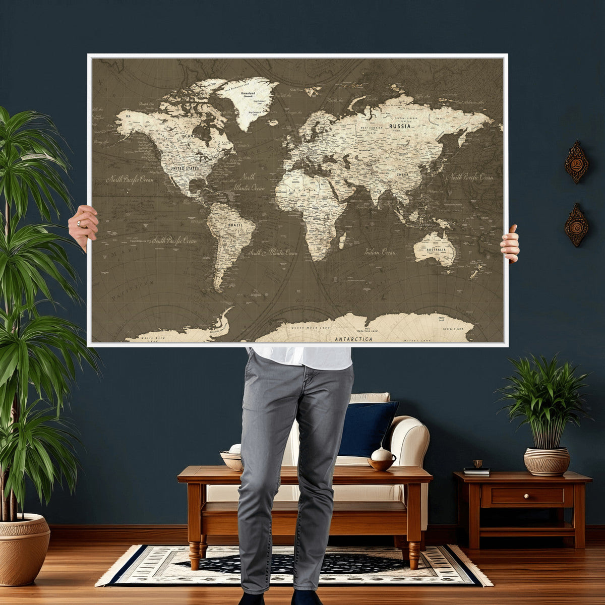 Vintage World Map Canvas Print | Framed Travel Map Wall Art for Couples