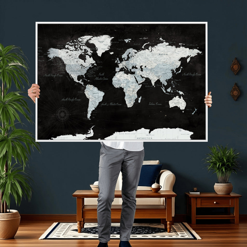 World Map Canvas Print | Framed Push Pin Wall Art, Color Splash Travel Map