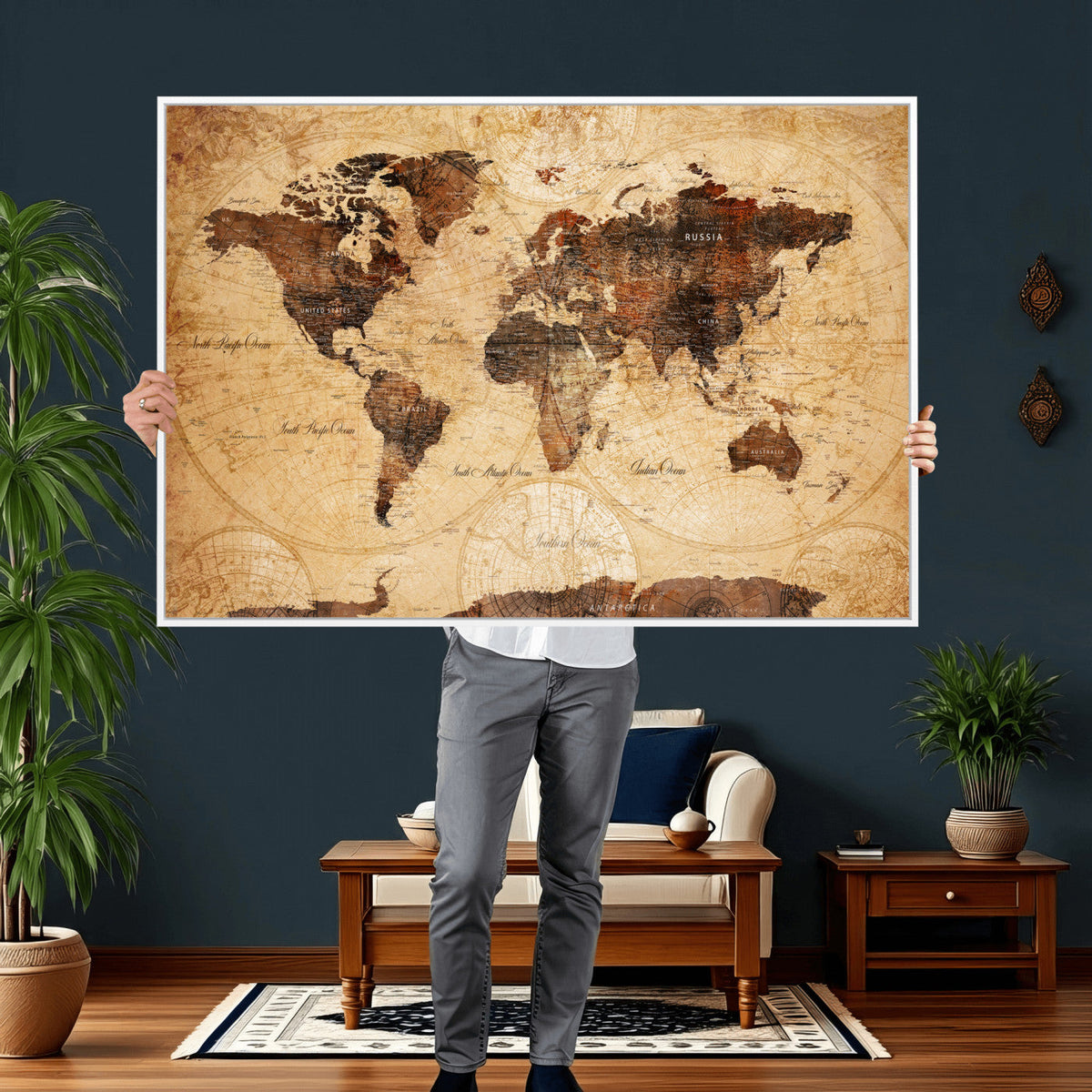 Modern Red and Gray World Map Canvas Print | Framed Wall Art