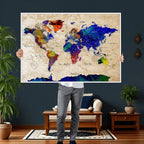 Watercolor World Map Canvas Print | Framed Wall Art for Couples