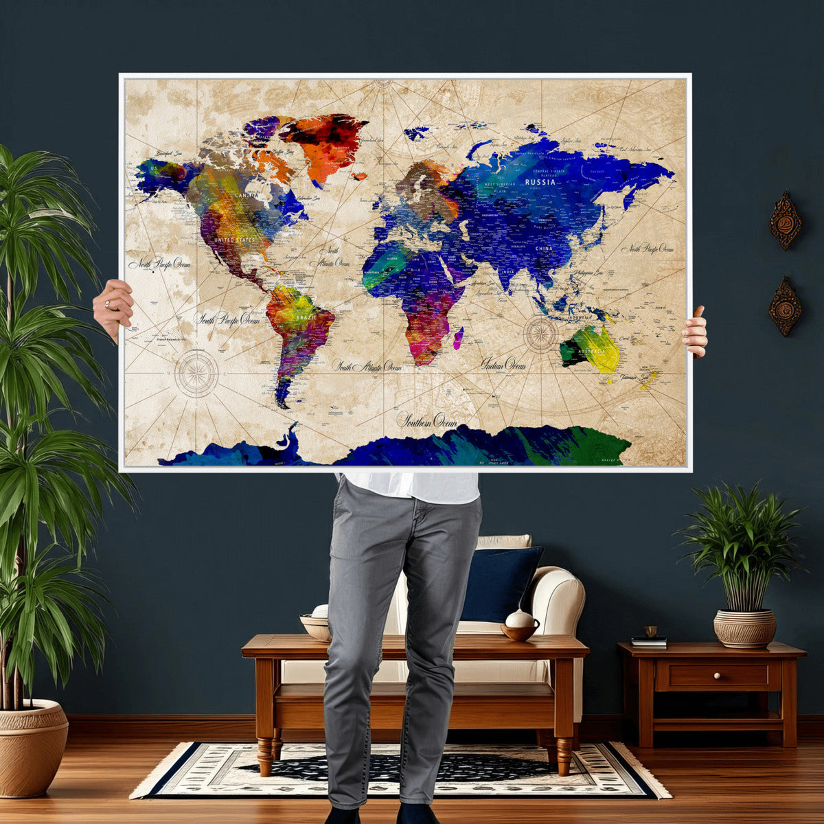 Watercolor World Map Canvas Print | Framed Wall Art for Couples