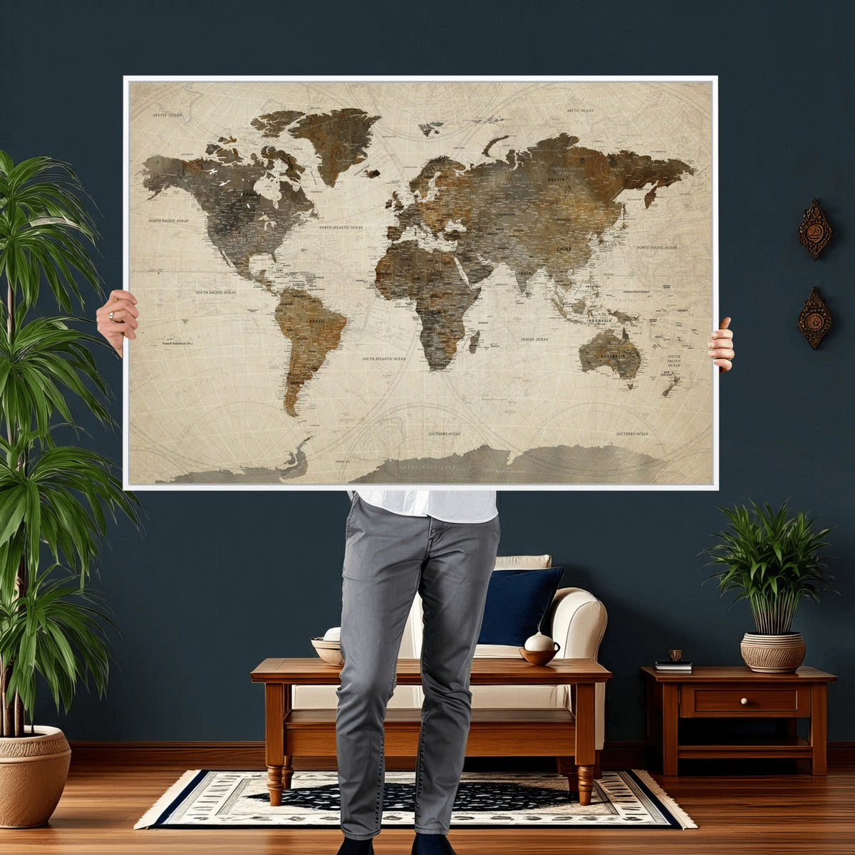 Vintage World Map Canvas Wall Art | Framed Antique Style Travel Map