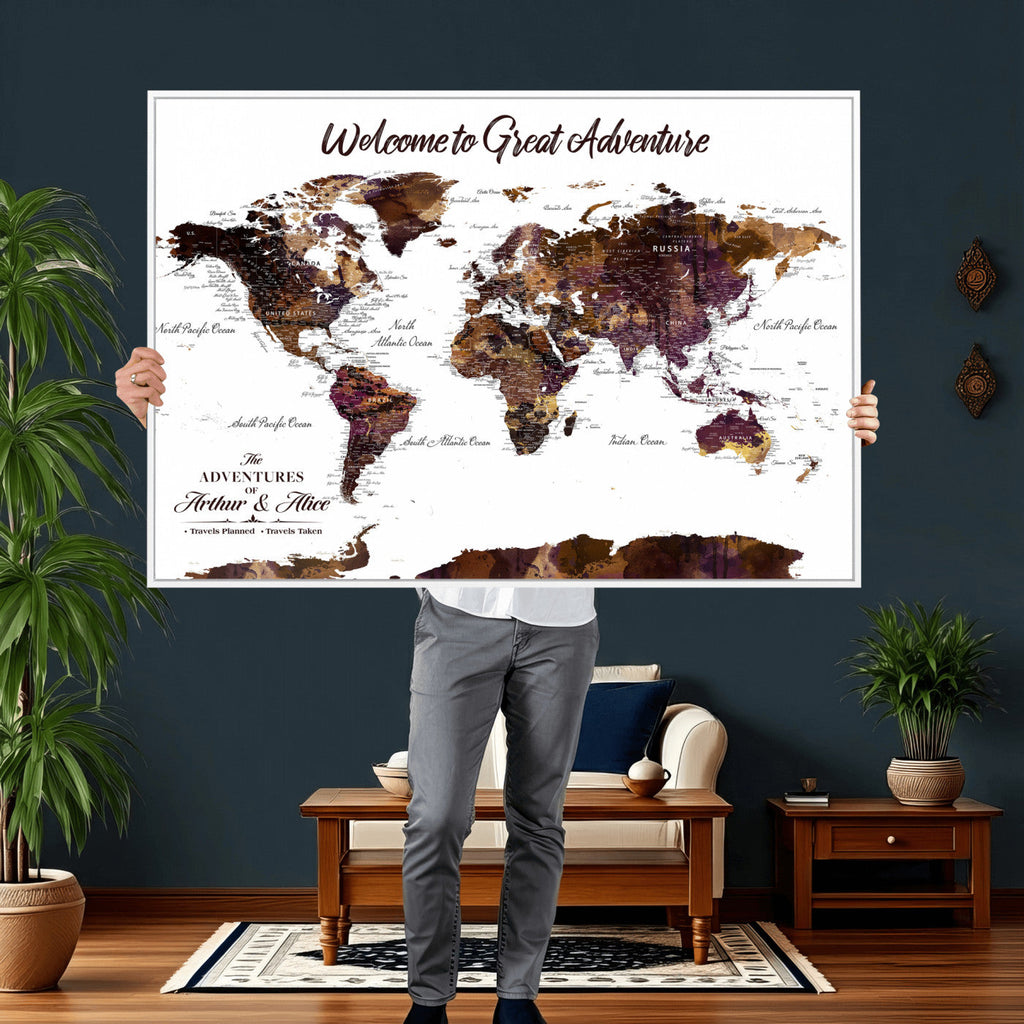 Custom Push Pin World Map Wall Art Canvas Print | Personalized Travel Map