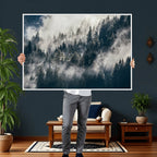 Foggy Mountain Forest Canvas Print, Misty Pine Trees Nature Wall Art