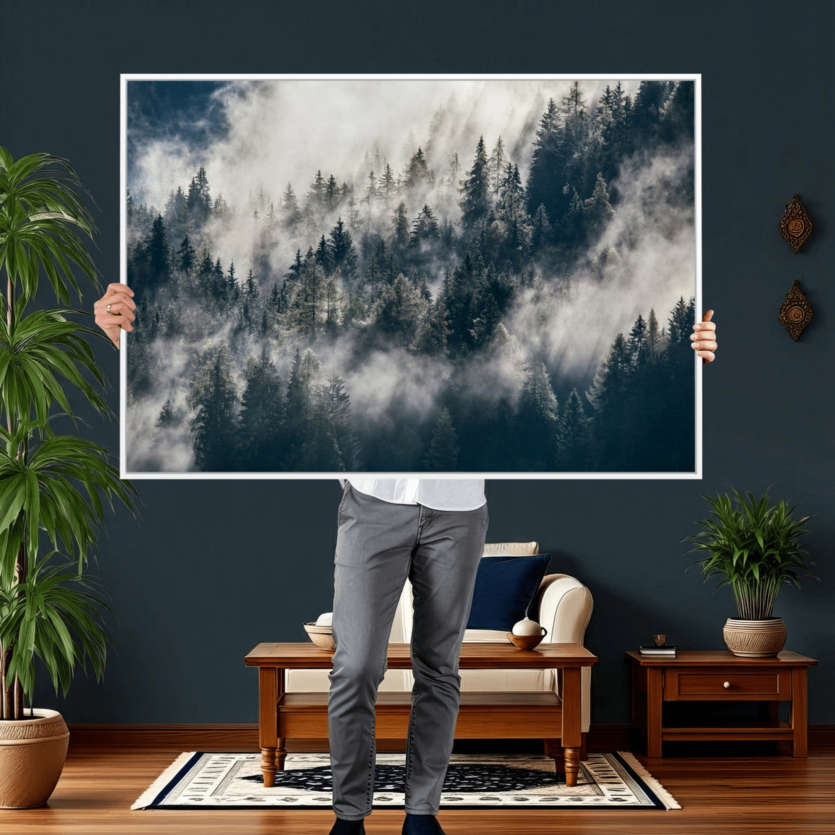 Foggy Mountain Forest Canvas Print, Misty Pine Trees Nature Wall Art