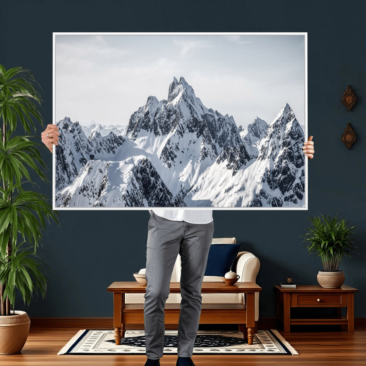 Snowy Mountain Range Canvas Print, Alpine Peaks Landscape Wall Art