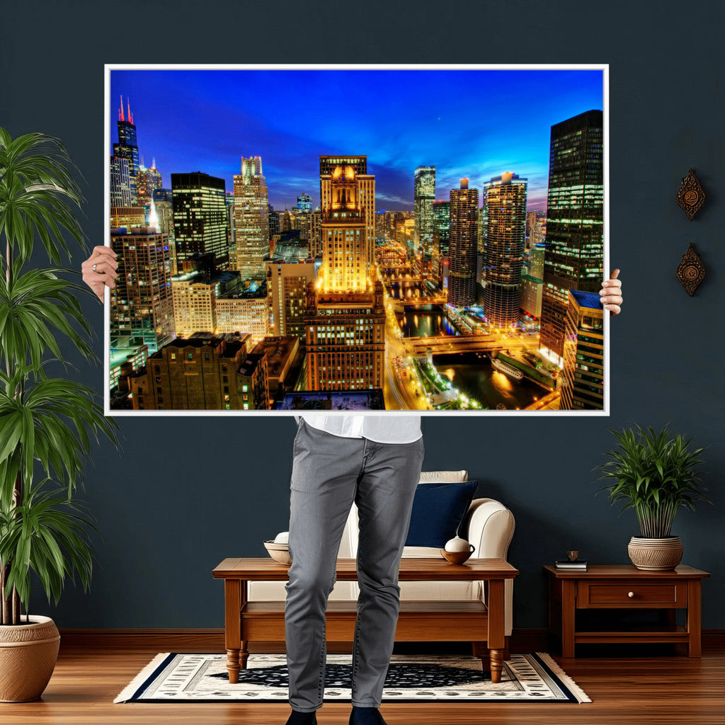 Chicago Wall Art Canvas Print - Chicago City Downtown Night Cityscape