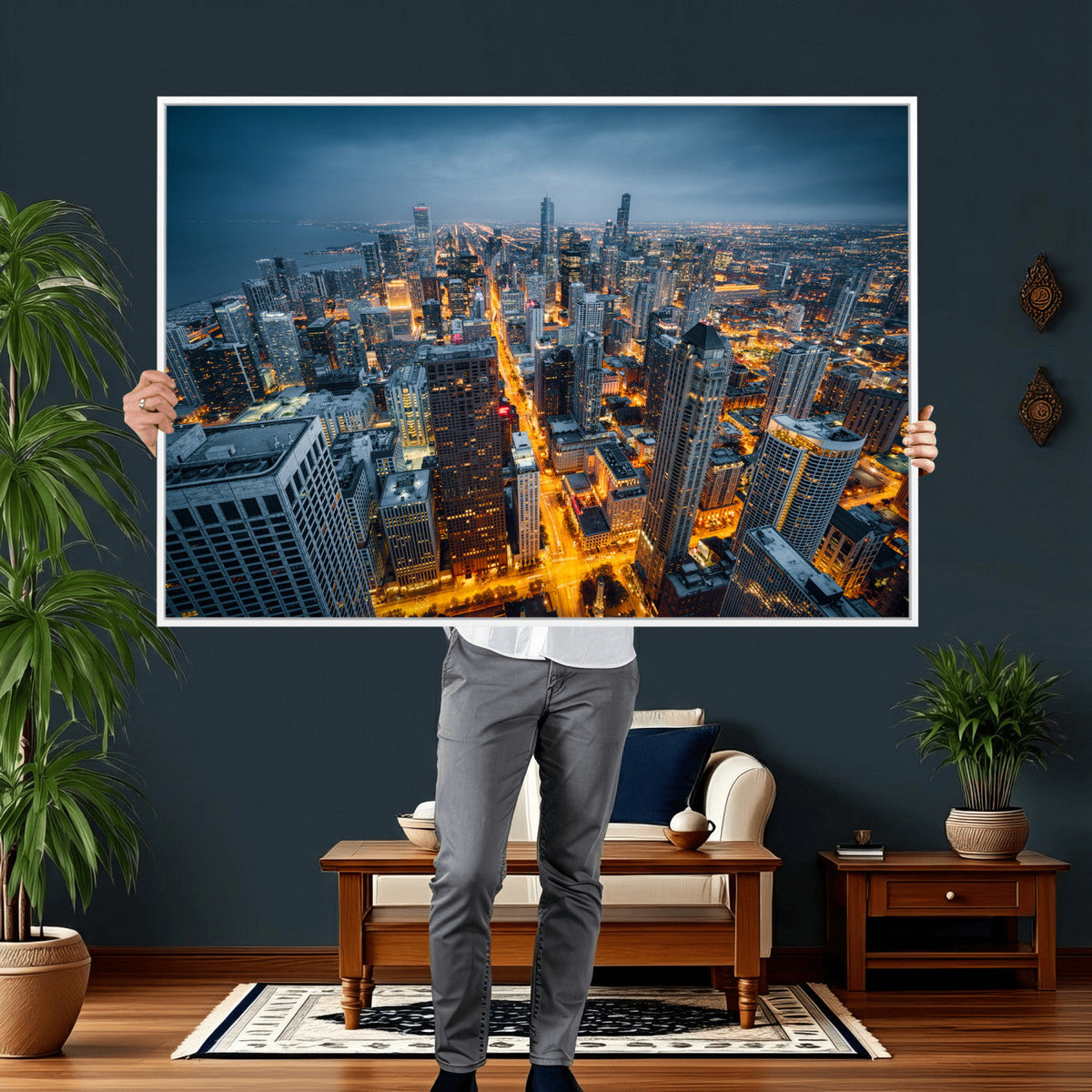 Chicago Wall Art Canvas Print - Chicago City Downtown Night Cityscape