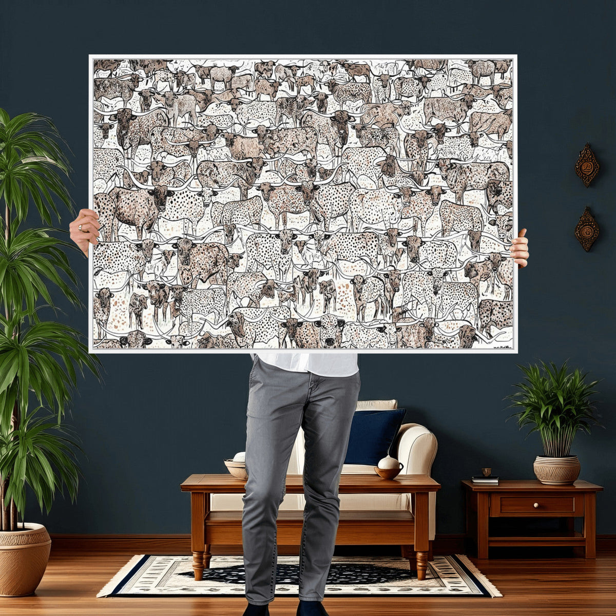 Abstract Texas Cow Wall Art Canvas Print, Farm Longhorn Art for Cabin Decor