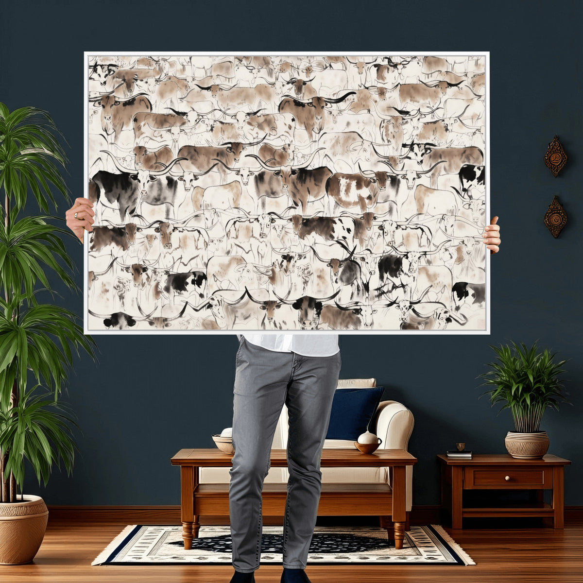 Abstract Texas Cow Canvas Print for Cabin and Western Home Decor