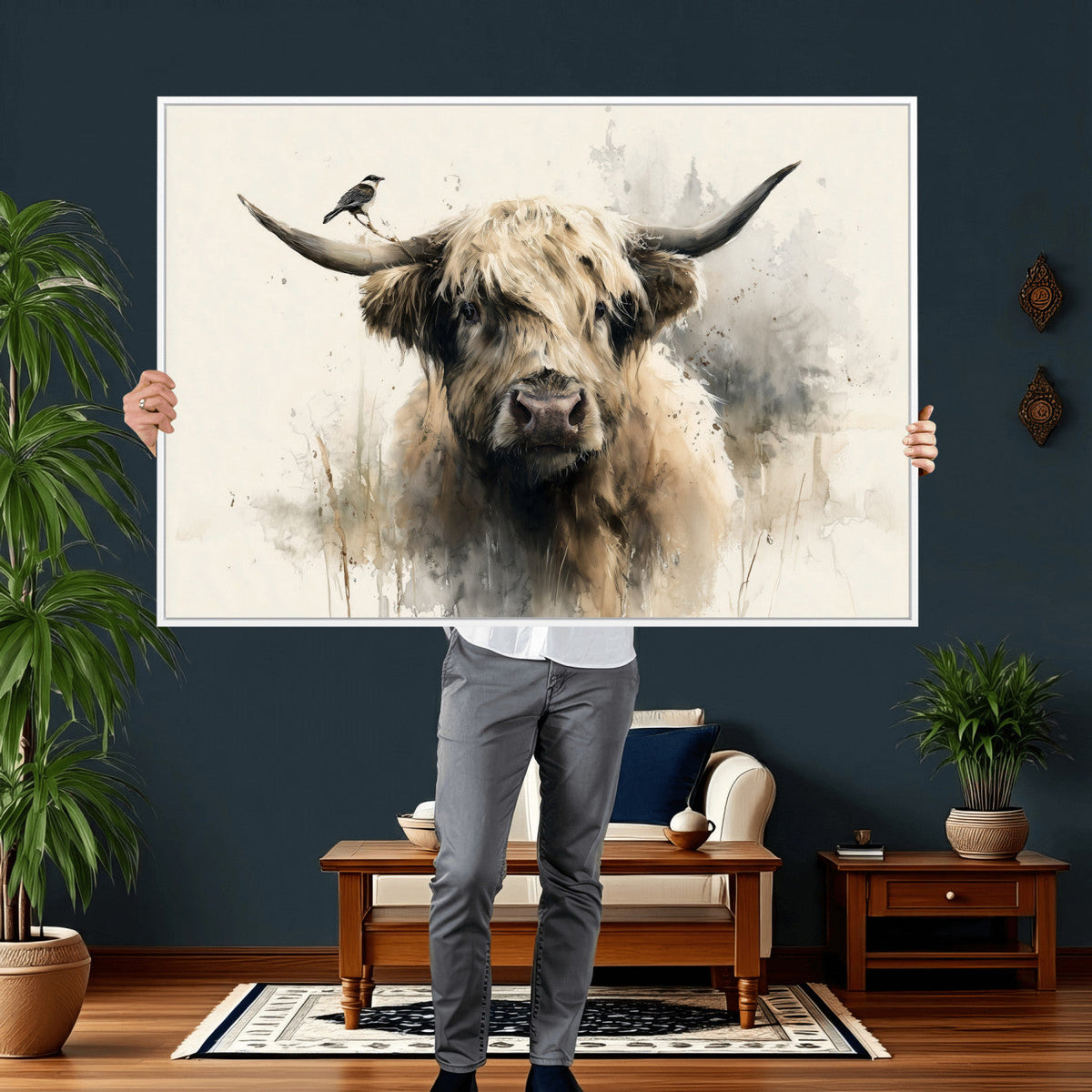 Abstract Highland Cow Wall Art Canvas Print, Rustic Farm Cattle Portrait