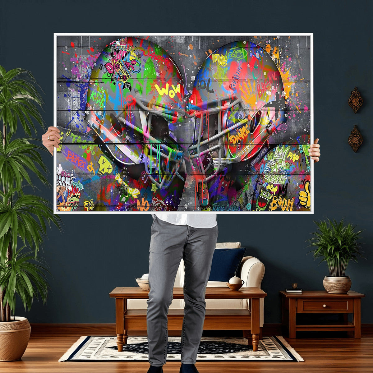 Graffiti Football Helmets Wall Art Canvas Print, Urban Street Art