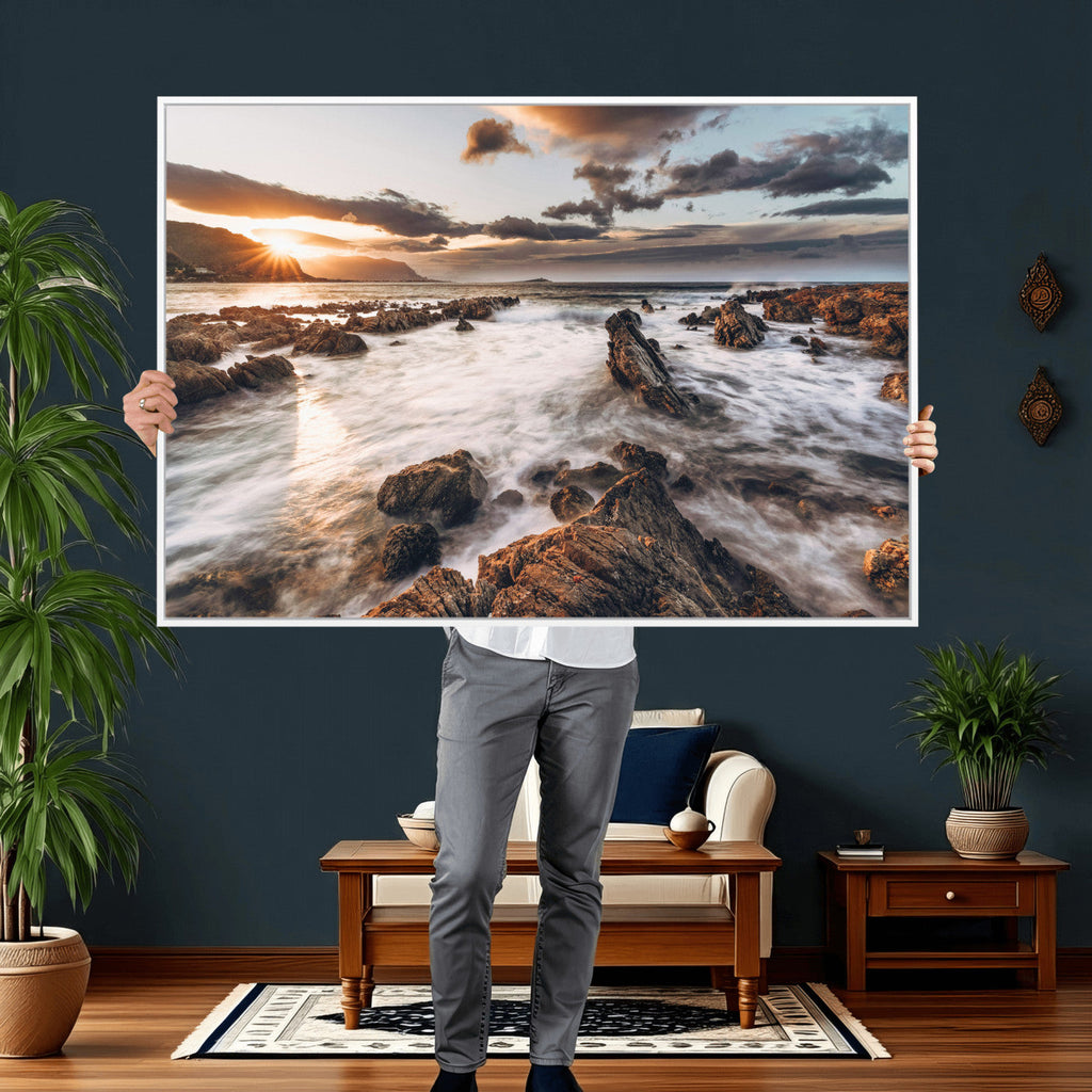 Rocky Coast Ocean Sunset Wall Art Canvas Print, Dramatic Seascape Nature Decor