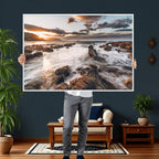 Rocky Coast Ocean Sunset Wall Art Canvas Print, Dramatic Seascape Nature Decor