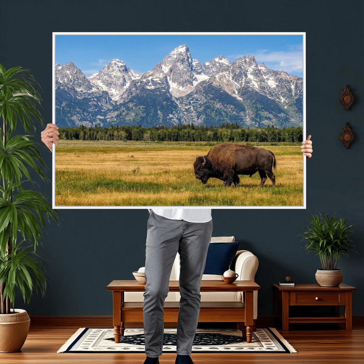 Bison in Mountain Landscape Wall Art Canvas Print, Western Decor