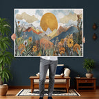 Boho Mountain Landscape Large Wall Art, Horizontal Gold Sun and Flowers Print