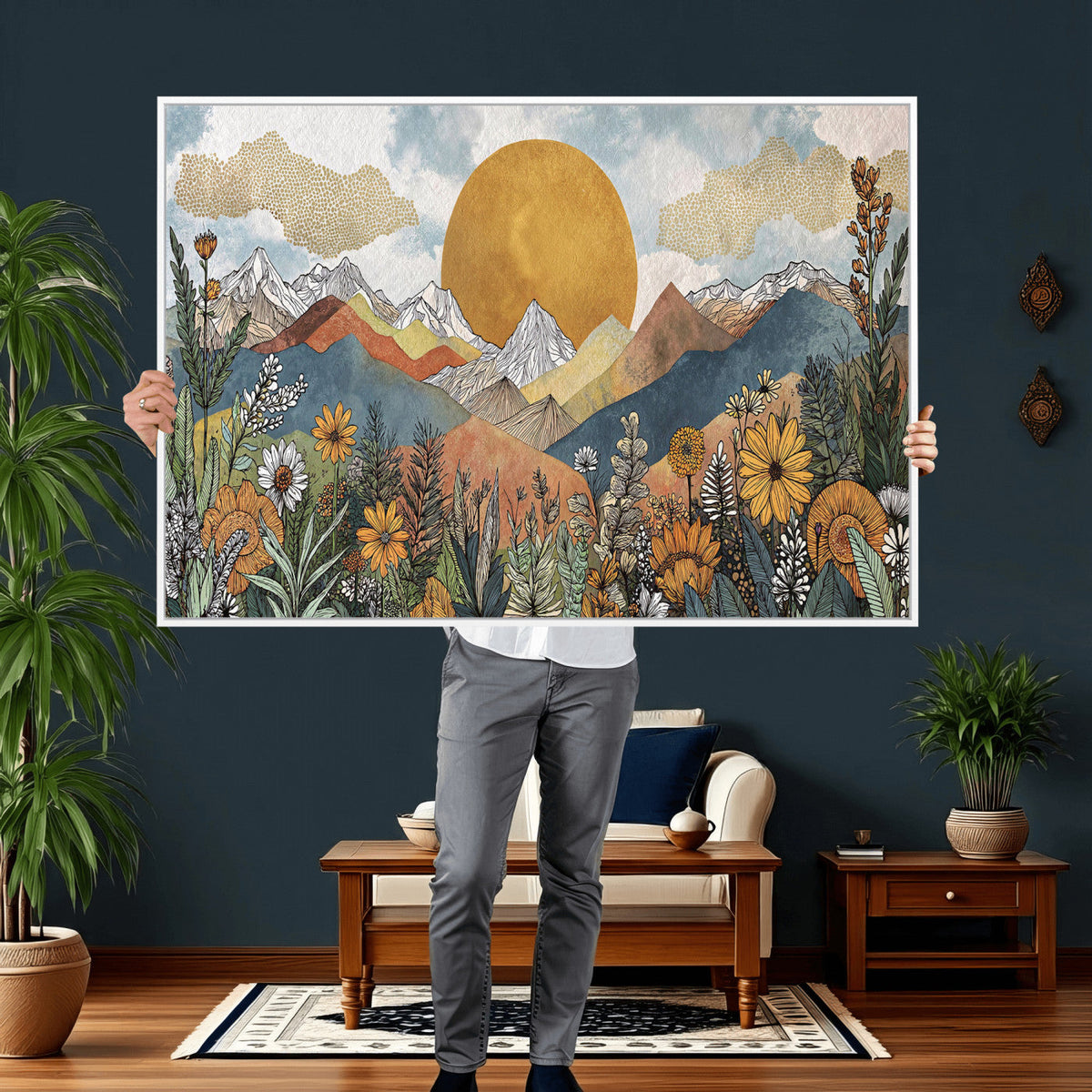 Boho Mountain Landscape Large Wall Art, Horizontal Gold Sun and Flowers Print
