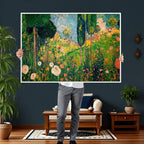 Gustav Klimt Boho Mountain Landscape Large Wall Art, Gold Sun and Flowers Print