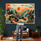 Yayoi Kusama Boho Mountain Landscape Large Wall Art, Gold Sun and Flowers Print