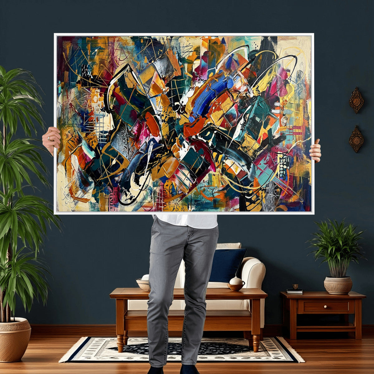 Geometric Abstract Wall Art Canvas Print, Orange Blue