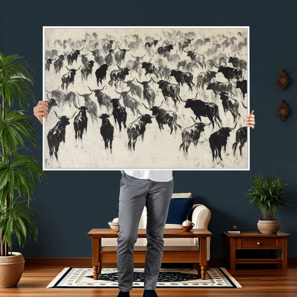 Longhorn Cattle Canvas Wall Art, Black White Stampede Ink