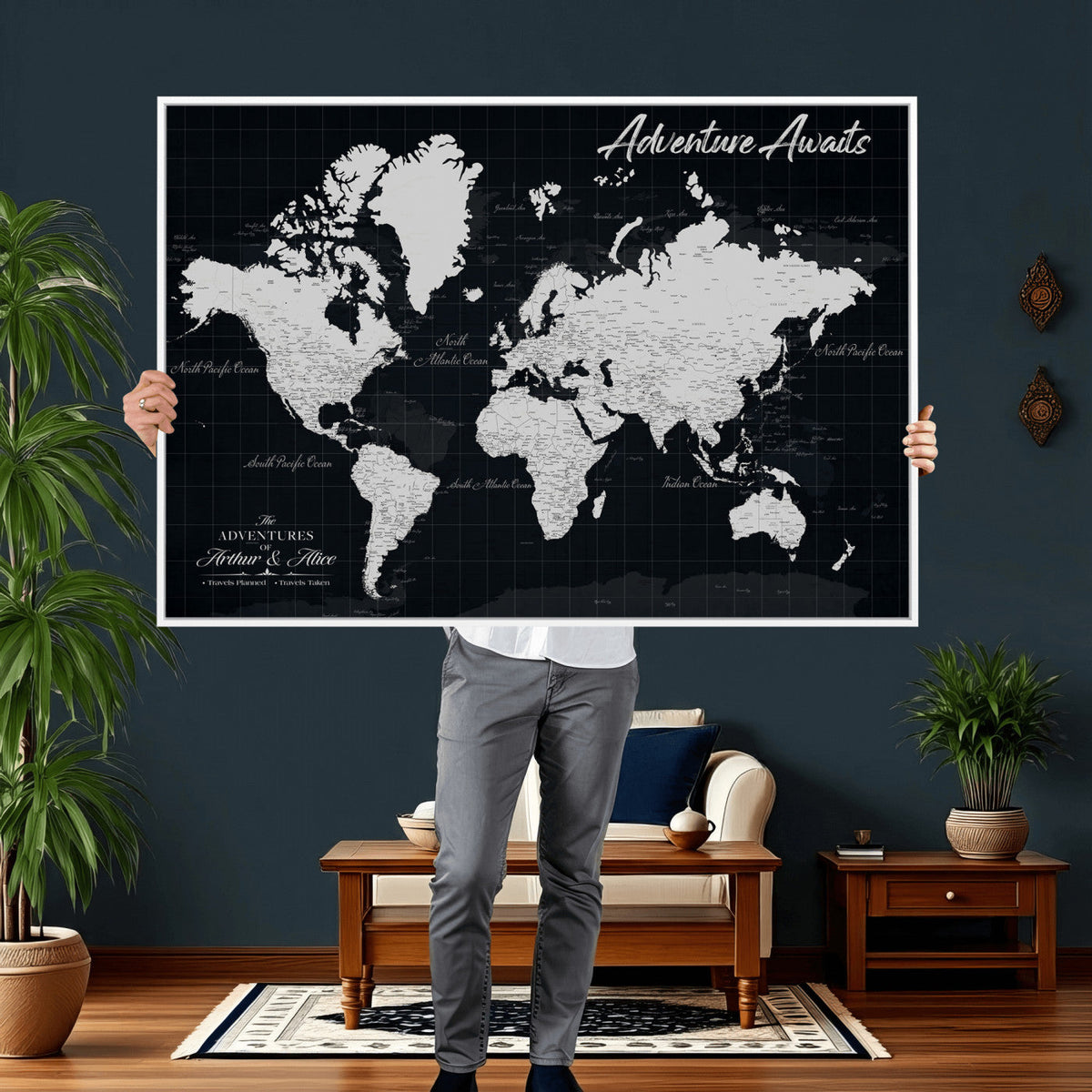 Personalized Black Push Pin Travel Map Canvas Print, Couples Countries Visited Map, Entryway and Hallway Decor