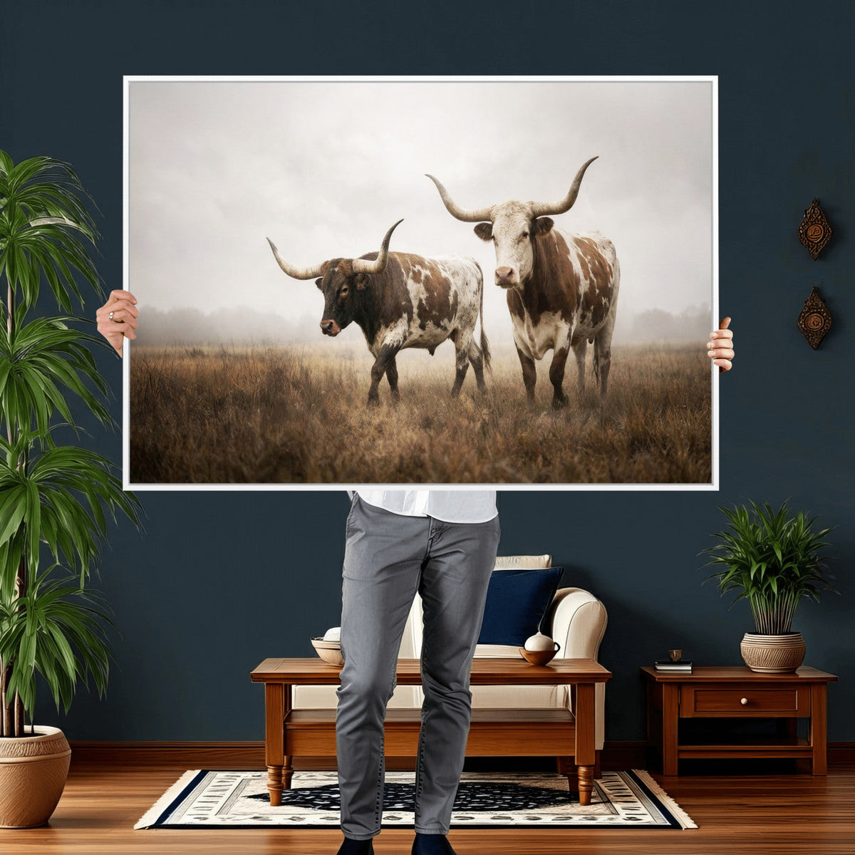 Texas Longhorn Canvas Wall Art Western Bull Desert, Rustic Farmhouse Wall Decor