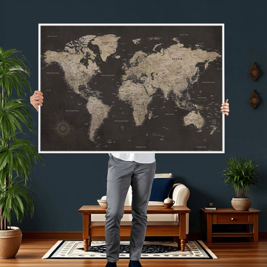 World Map Canvas Wall Art, Dark Charcoal and Antique Tan Detailed Map