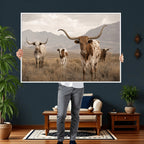 Rustic Texas Longhorn Cow Canvas Wall Art Print, Farm Animal Photography