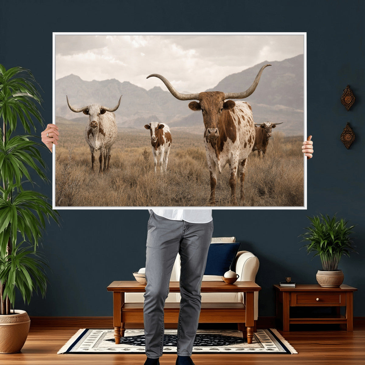 Rustic Texas Longhorn Cow Canvas Wall Art Print, Farm Animal Photography