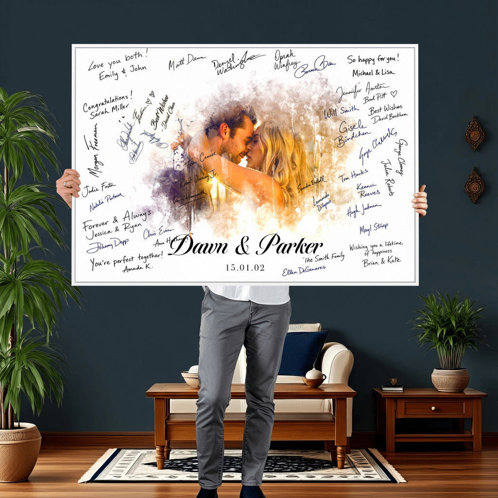 Ink Splash Wedding Guest Book Canvas, Personalized Couple Photo Sign