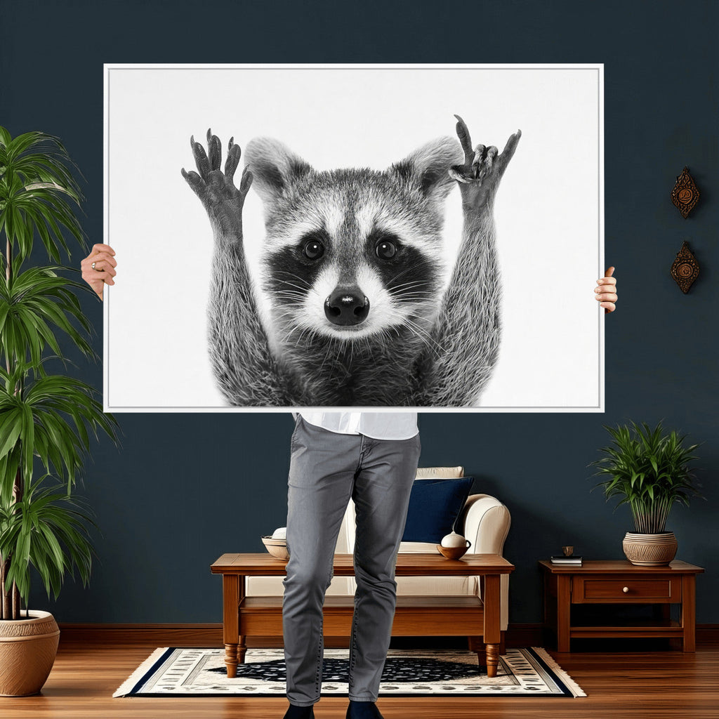 Funny Raccoon Canvas Wall Art, Black White Hands Up Animal Photo Print