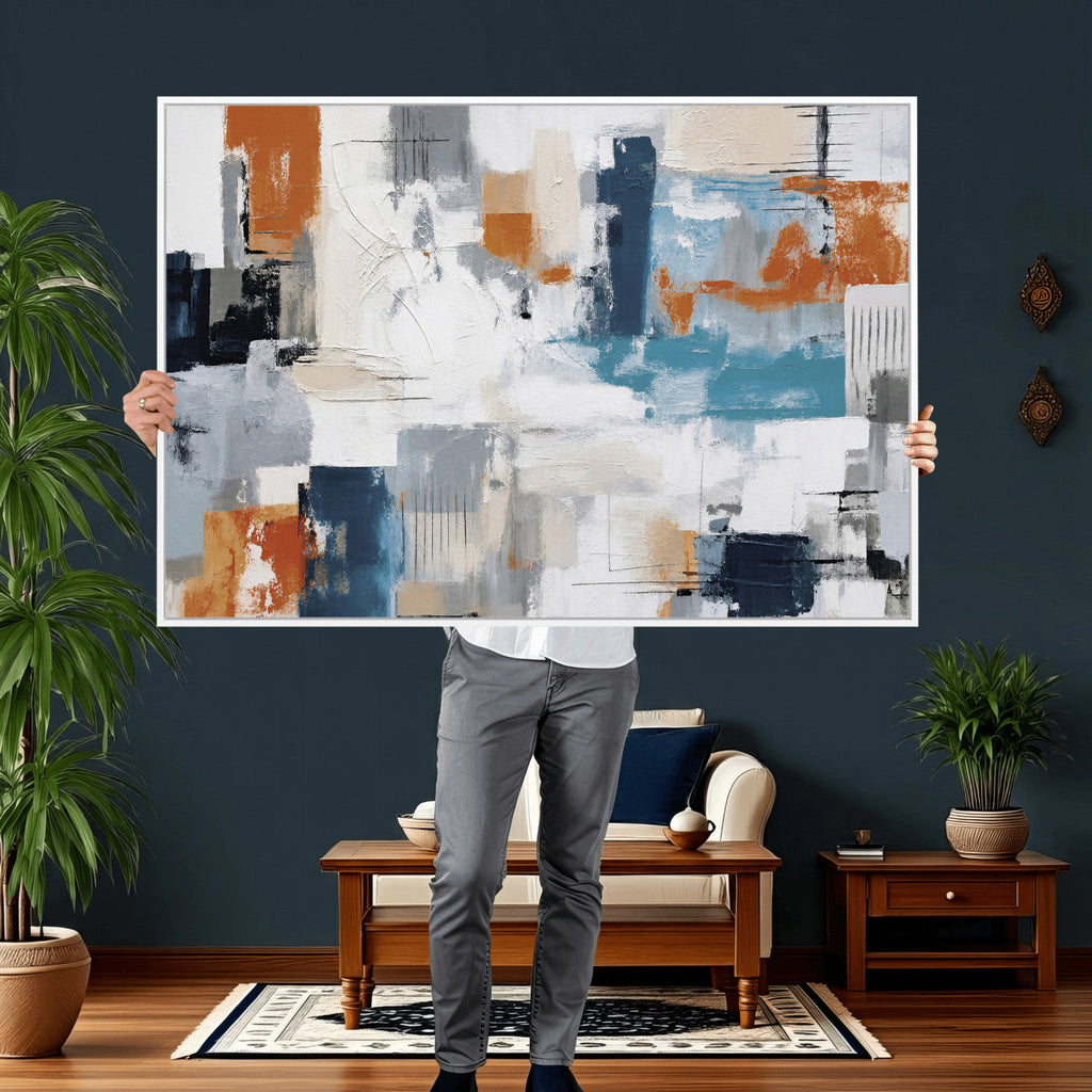 Blue Teal Abstract Canvas Wall Art, Modern Brushstroke Style Print, Navy Orange Contemporary Decor