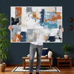 Blue Teal Abstract Canvas Wall Art, Modern Brushstroke Style Print, Navy Orange Contemporary Decor