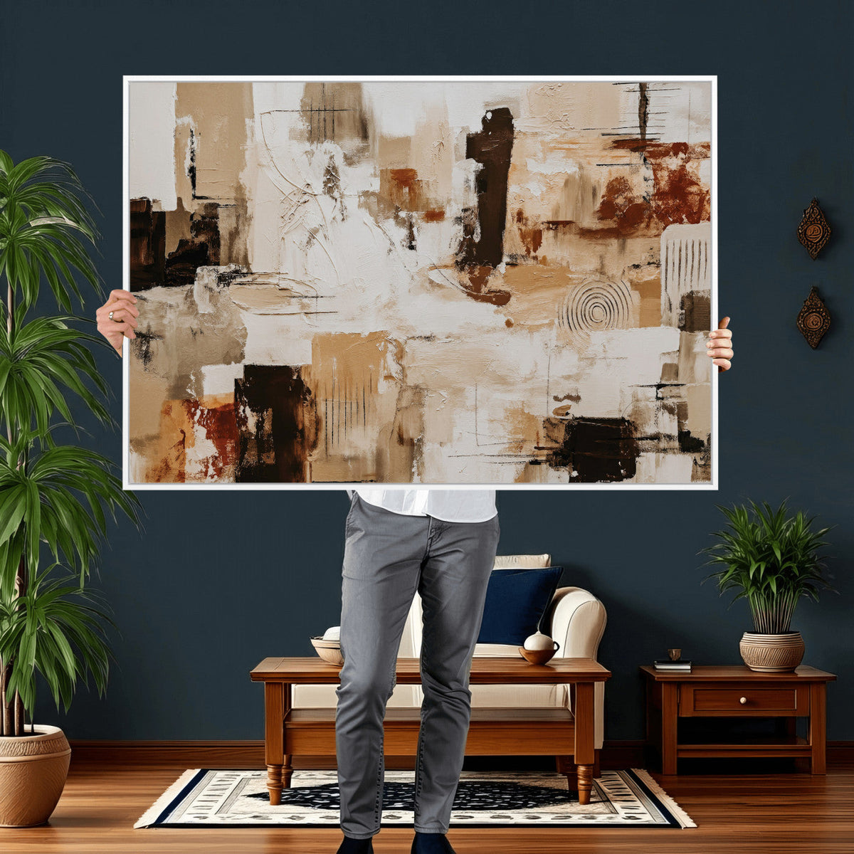 Blue Teal Abstract Canvas Wall Art, Modern Brushstroke Style Print, Navy Orange Contemporary Decor