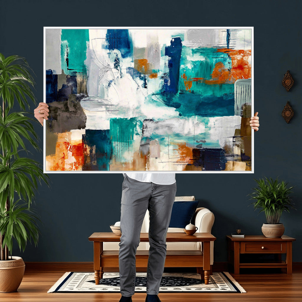 Blue Teal Abstract Canvas Wall Art, Modern Brushstroke Style Print, Navy Orange Contemporary Decor