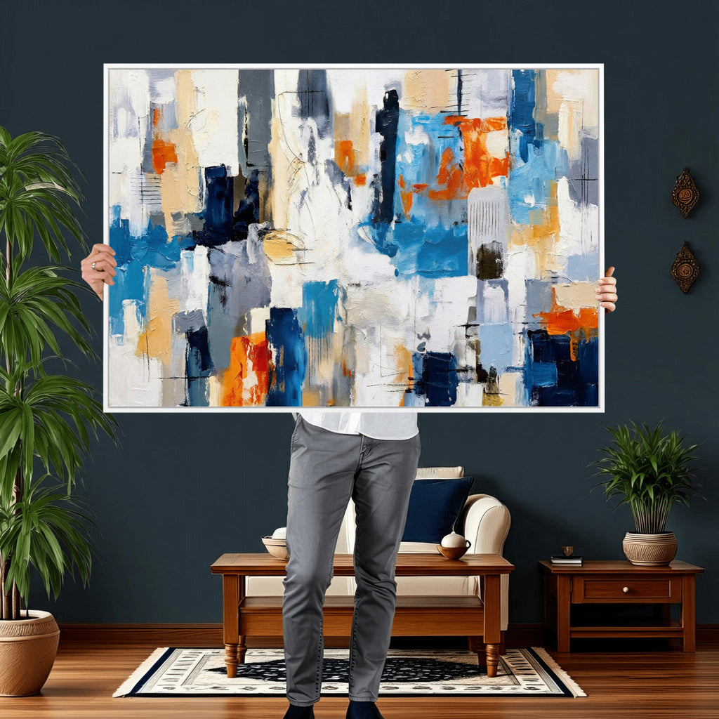Blue Teal Abstract Canvas Wall Art, Modern Brushstroke Style Painting Print, Navy Orange Contemporary Decor