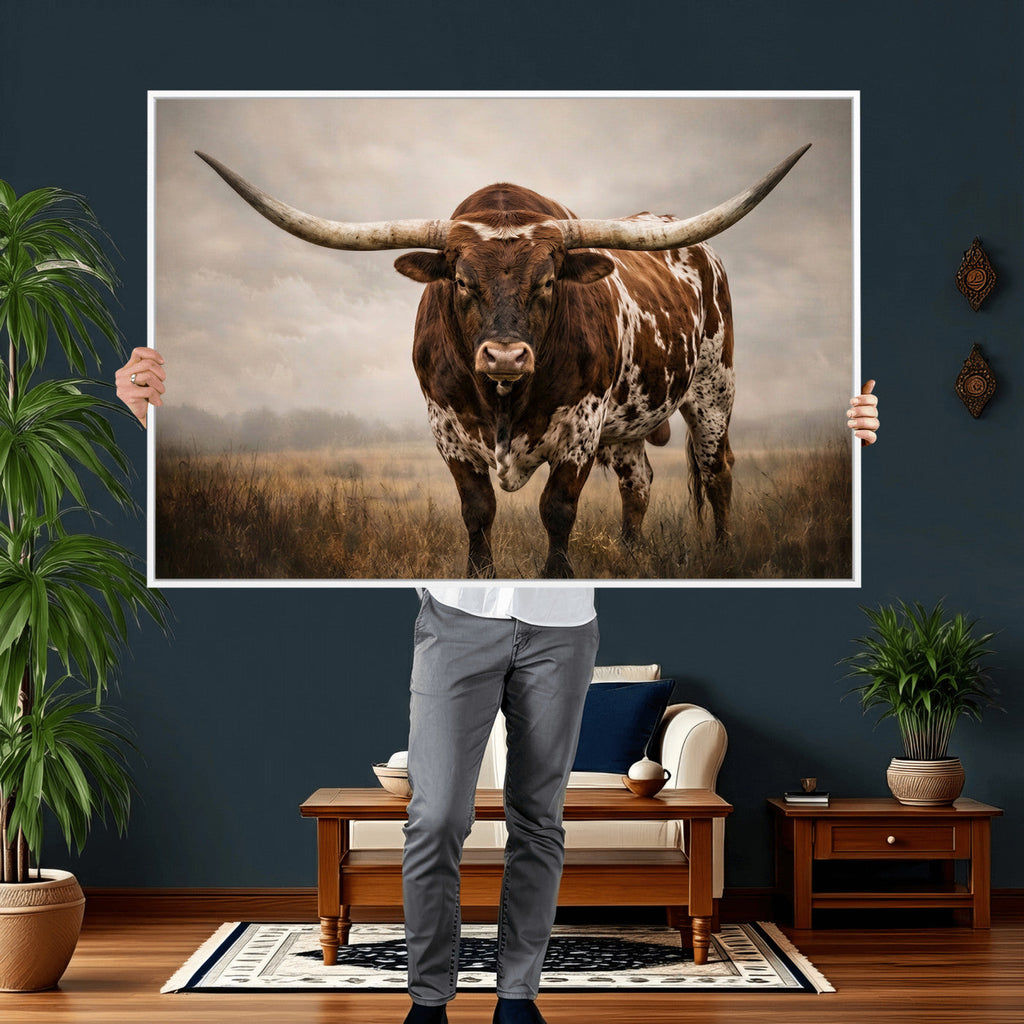 Texas Longhorn Wall Art Canvas Print | Brown Horned Bull Rustic Western Decor