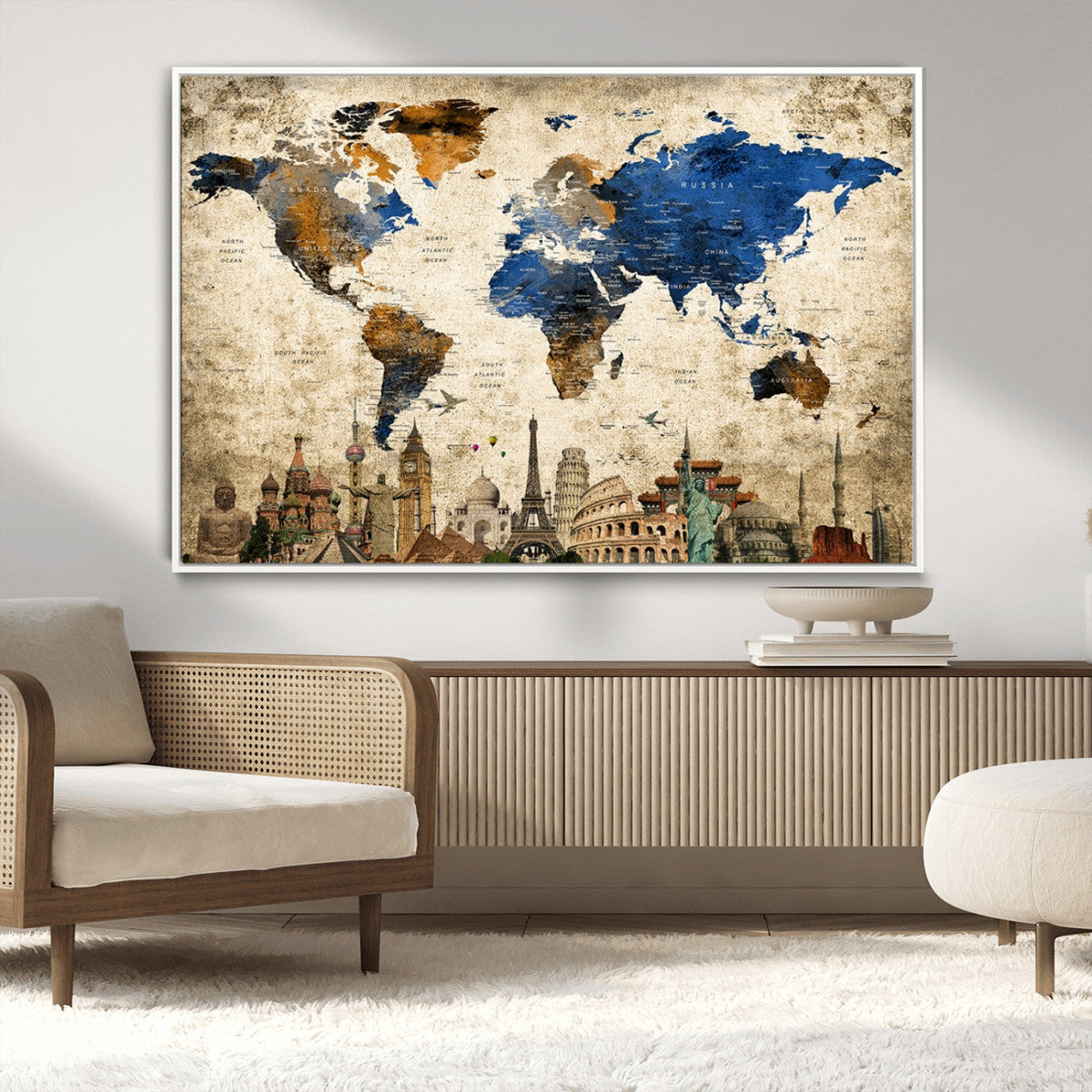 World Map Canvas Print | Vintage Blue and Gold World Map Wall Art