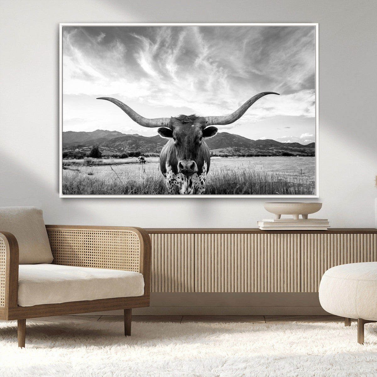 Longhorn Black and White Wall Art | Rustic Western Bull Canvas Print
