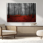 Red Forest Floor Canvas Wall Art | Mystical Foggy Woodland Triptych