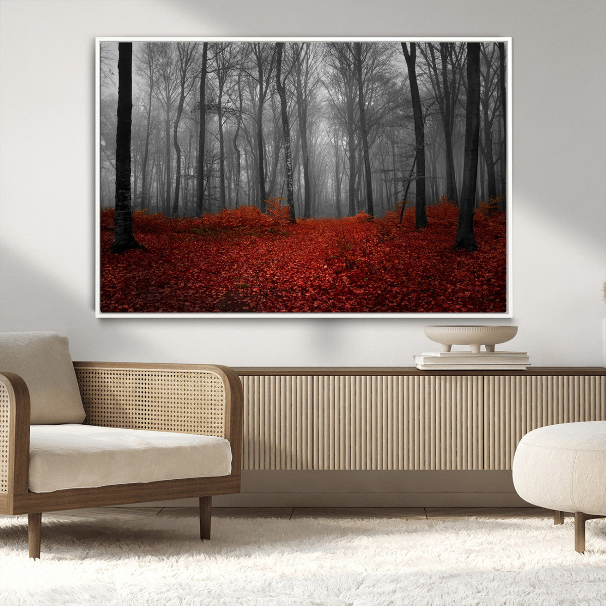 Red Forest Floor Canvas Wall Art | Mystical Foggy Woodland Triptych