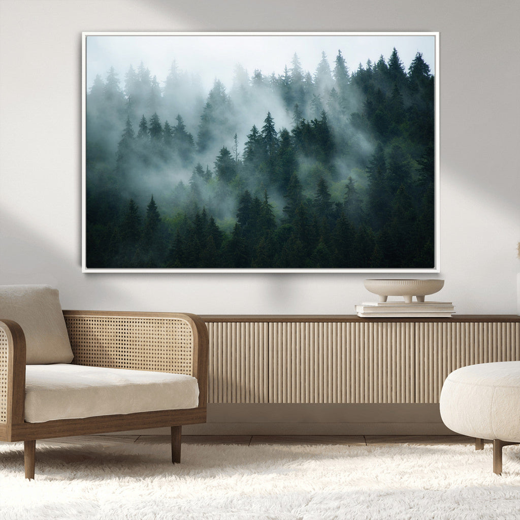 Misty Forest Wall Art | Serene Green Landscape Canvas Print