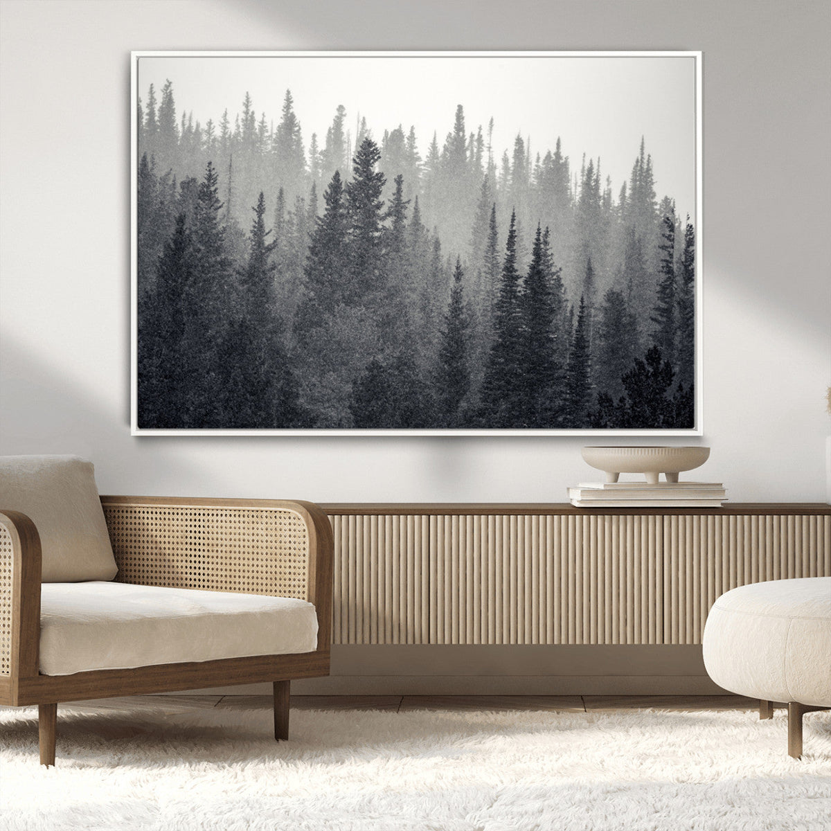 Misty Forest Canvas Wall Art | Monochrome Triptych Pine Tree Print