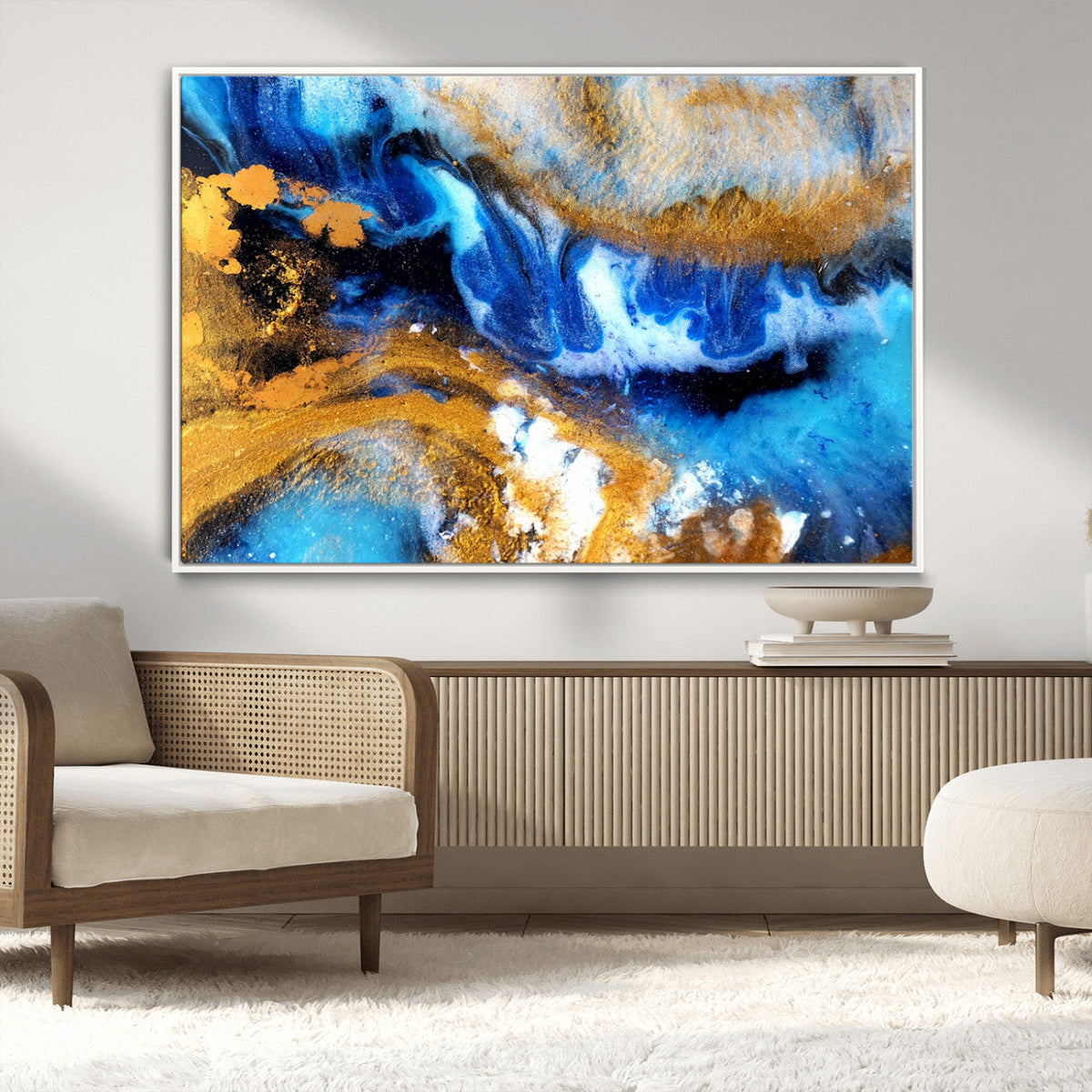 Blue Orange Marble Fluid Effect Canvas Wall Art Print