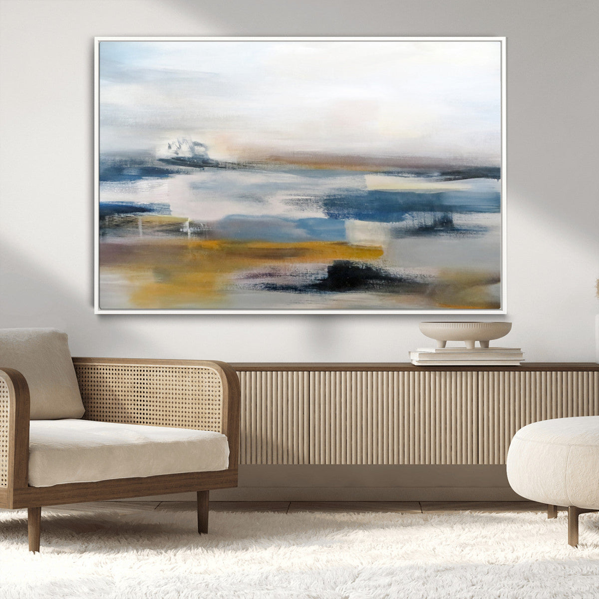 Abstract Landscape Wall Art Canvas | 3 Panel Modern Blue, Gold and White Canvas Art