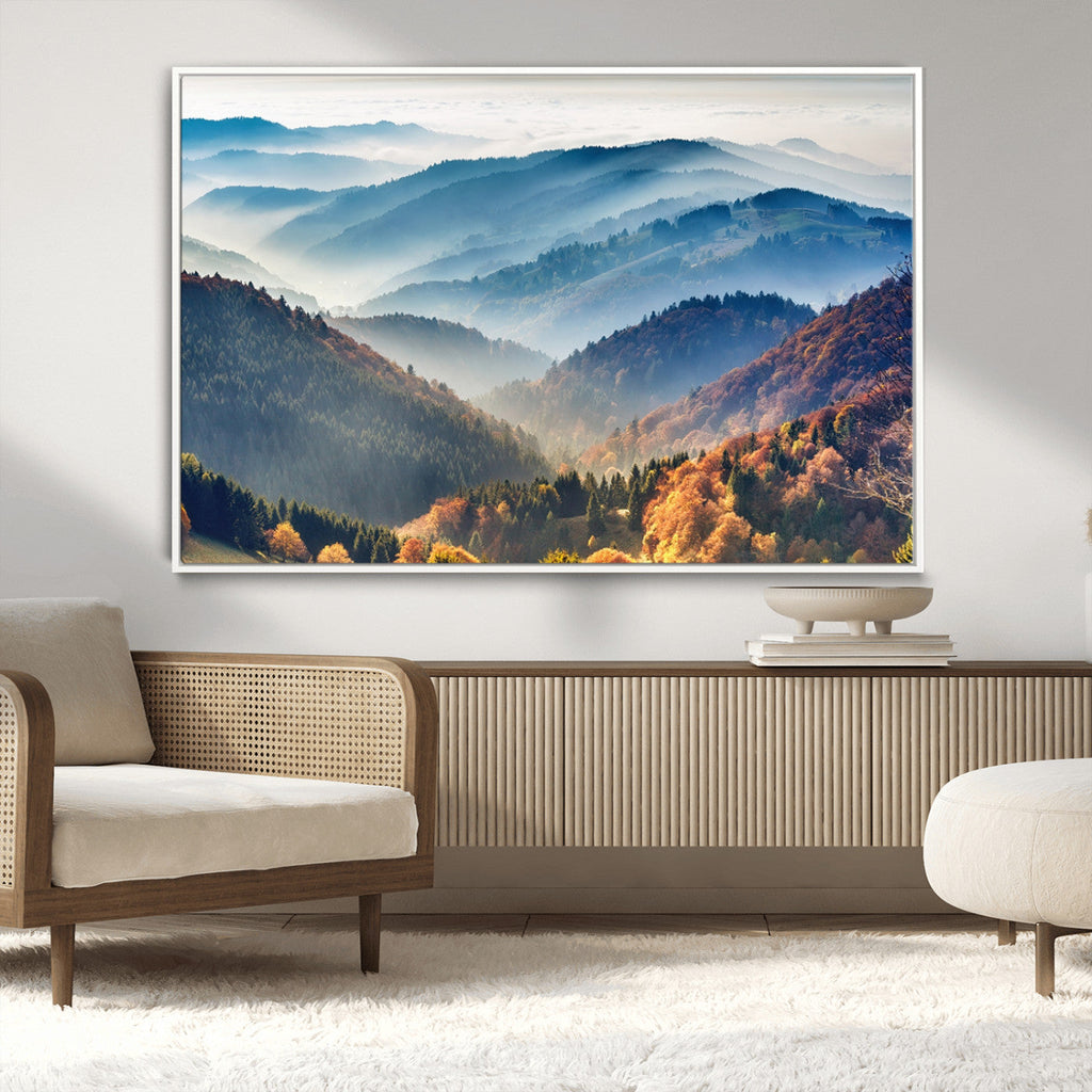 Misty Mountain Sunrise Triptych Canvas Print | Autumn Landscape Wall Art