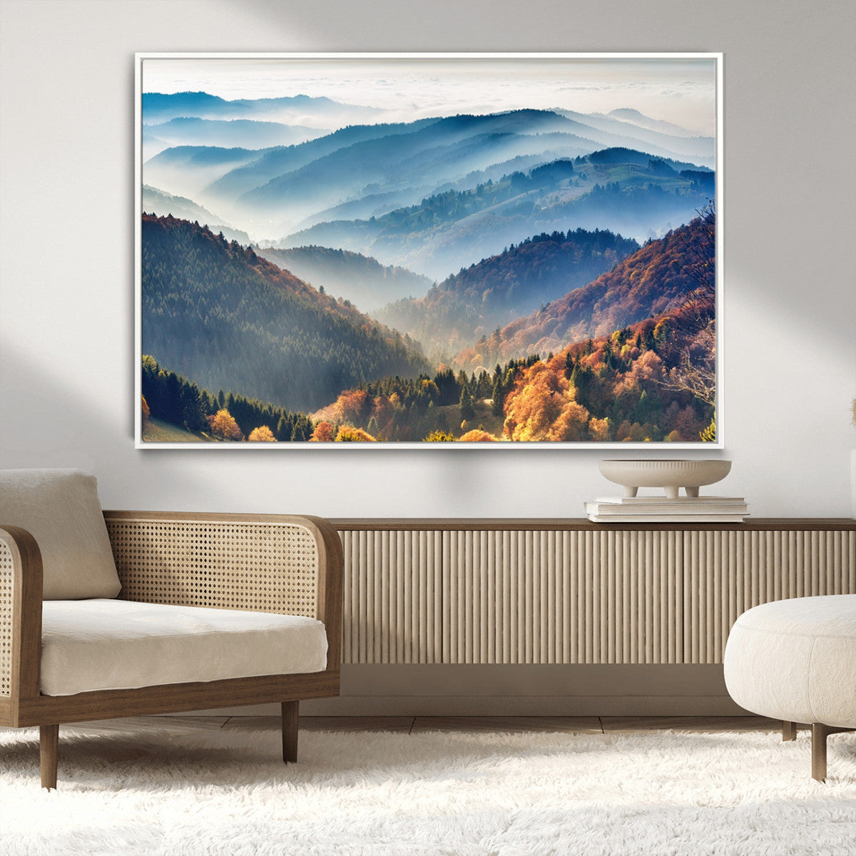 Misty Mountain Sunrise Triptych Canvas Print | Autumn Landscape Wall Art