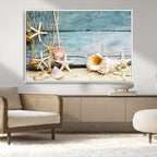Seashells on Rustic Wooden Background, Seashells Wall Art